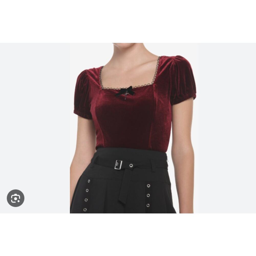 Cosmic Aura Juniors Velvet Puff Sleeve Cross Top Size XL Burgundy Goth
